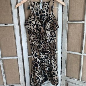 Auditions leopard print , spaghetti strap mini dress Full zipper front poly Sm